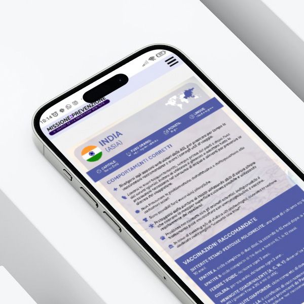 Dall’individuazione della categoria alla configurazione di diversi scenari di applicazione - esemplare la sezione #vacciconcura dedicata ai viaggi fuori dall’Italia e composta di oltre 120 schede Paese - il sito MISSIONE:PREVENZIONE è articolato in aree espandibili, che consentono sia una fruizione immediata delle informazioni cruciali che approfondimenti specifici, grazie ad una ramificazione ponderata dei contenuti. Un pratico e ricco vademecum a protezione della salute, sempre a portata di smartphone.