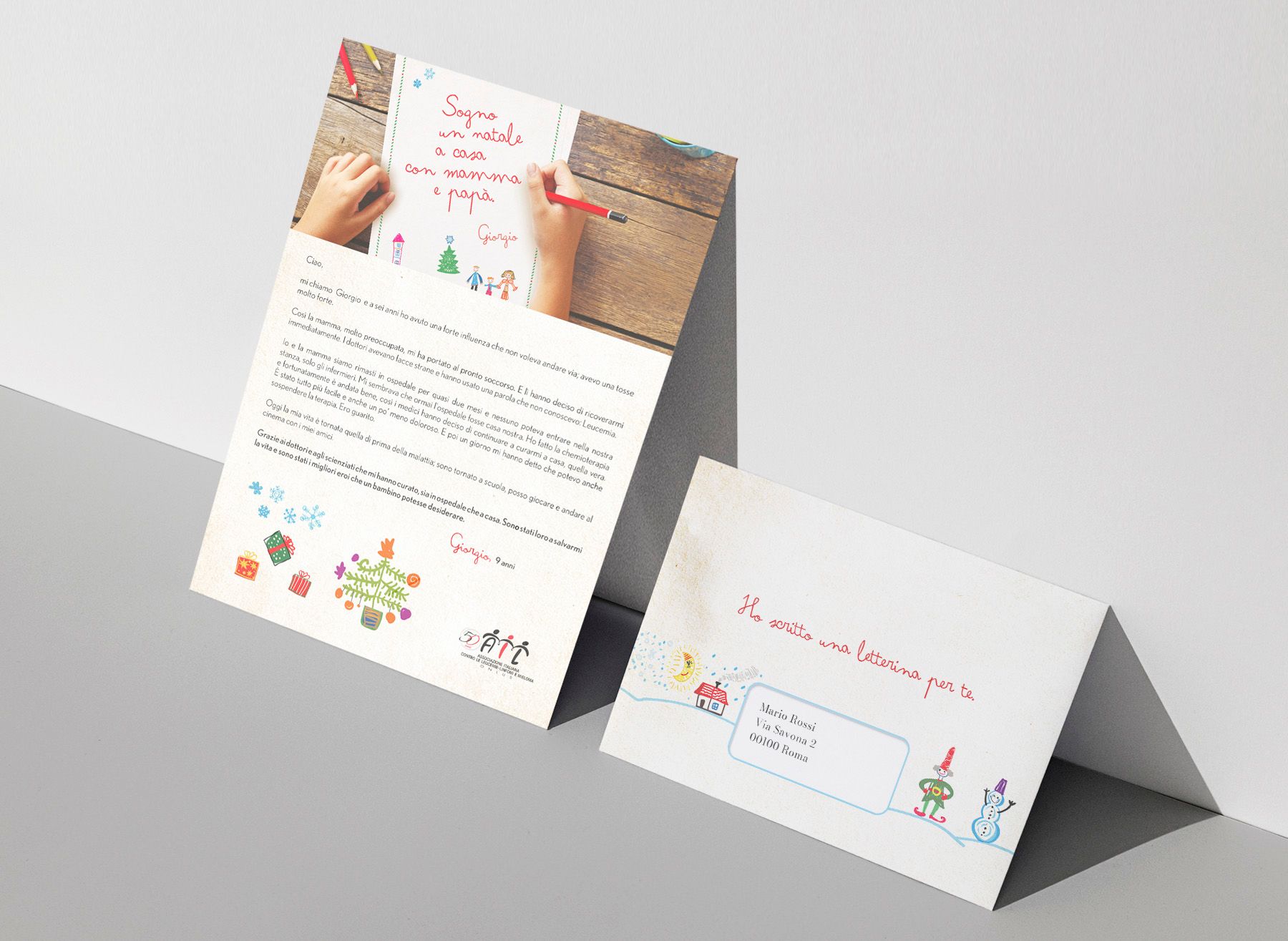 L’associazione Natale e bambini si è tradotta in una campagna emozionale, basata sui desideri e i sogni dei piccoli pazienti, in perfetta sintonia con il progetto più ampio che celebrava i 50 anni di storia di AIL, condividendone anche il concept: #maipiùsognispezzati. Il concept scelto mostrava i desideri dei bambini malati attraverso il mezzo più classico ed efficace - la letterina di natale. Questa creatività è stata poi declinata in vari format e canali online e offline: biglietti, buste e lettere cartacee per privati e aziende, nuovi gadget per l’e-commerce, pubblicazioni su quotidiani, video per l’e-card e aggiornamento dell’e-catalogo a tema natalizio.