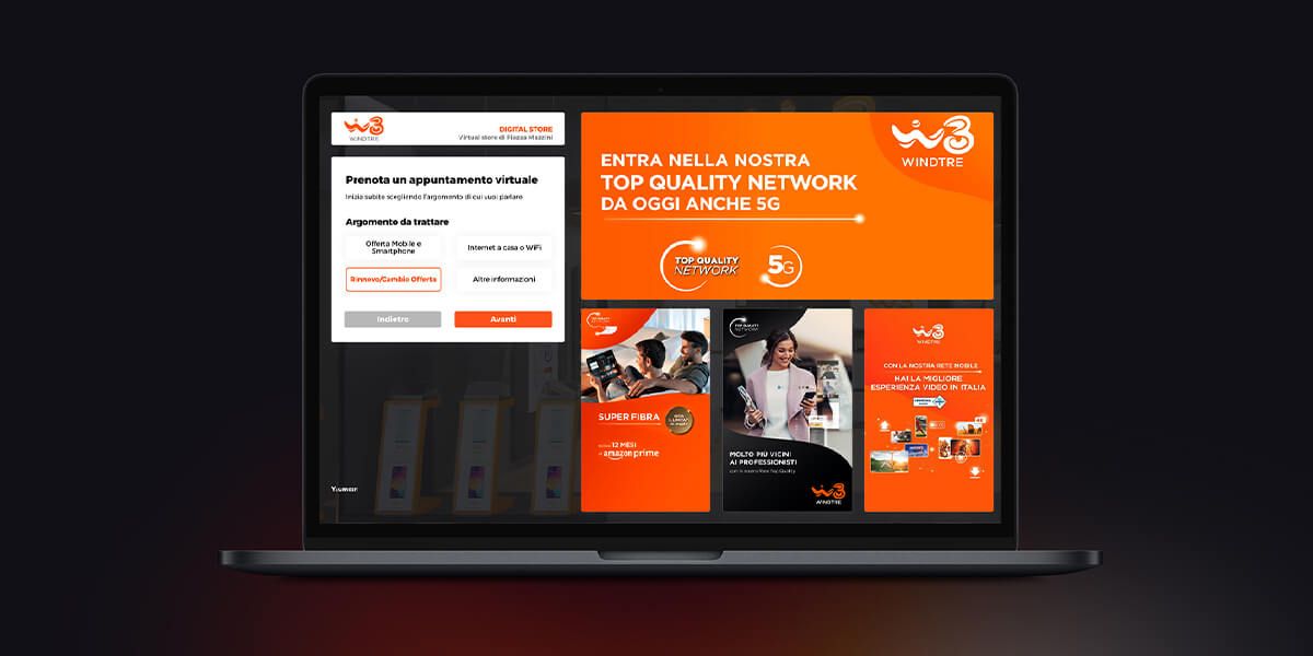 Abbiamo progettato e sviluppato una piattaforma digitale personalizzata a disposizione di ogni negozio WINDTRE sul territorio italiano. Grazie all’implementazione di diverse funzionalità customizzate, l’esperienza in-store può essere di fatto replicata: ogni utente può concludere qualsiasi operazione commerciale, dall’informazione alla sottoscrizione di un contratto, stando comodamente seduto sulla poltrona di casa, senza file e senza ritardi. Semplicemente prendendo appuntamento, scegliendo la data e l’orario più conveniente, con una persona vera.