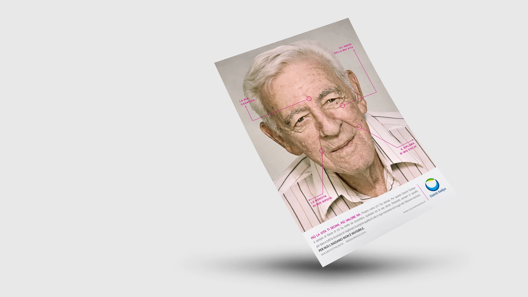 Daiichi Sankyo chiede il nostro supporto per sensibilizzare opinione pubblica, istituzioni, medici, caregiver sull’importanza del trattamento del paziente anziano in ambito cardiovascolare, promuovendo al contempo una nuova brand positioning a seguito del lancio di uno dei prodotti di punta dell’azienda. Nasce così “Più la vita ti segna, più valore ha”, un progetto di comunicazione lungo un anno in grado di promuovere una percezione diversa sulle patologie cardiovascolari, più attenta e più riflessiva.