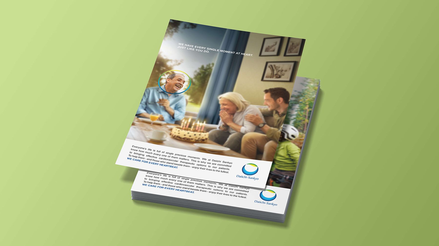 Rispondendo alla richiesta del nostro cliente Daiichi Sankyo Europa, abbiamo individuato un nuovo posizionamento nell’ambito cardiovascolare, sottolineando la sua dedizione all’orientamento “human centric” attraverso il claim “#WeCareForEveryHeartbeat”.